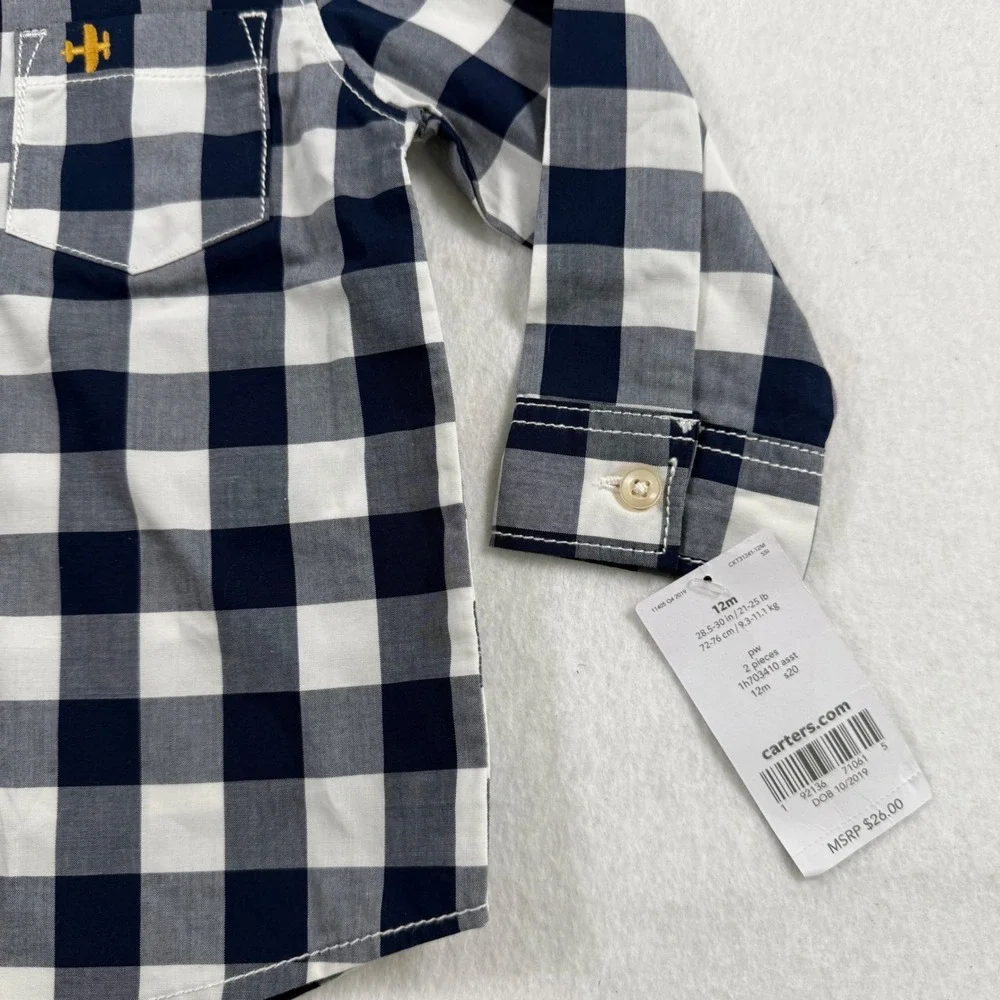 NWT Carters Baby Boys Navy White Buffalo Check Long Sleeve Button Down Shirt 12M
